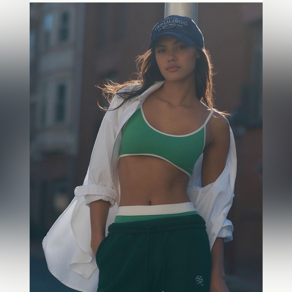 Anthropologie Green Ribbed Bralette with White Trim